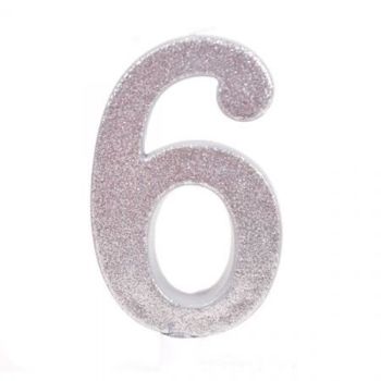נר יום הולדת ענק כסף מנצנץ מספר 6