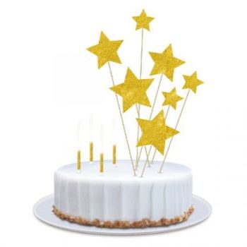 ערכת קישוט לעוגה 4 נרות + 7 טופרים זהב לבן