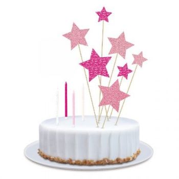 ערכת קישוט לעוגה 4 נרות + 7 טופרים ורוד לבן