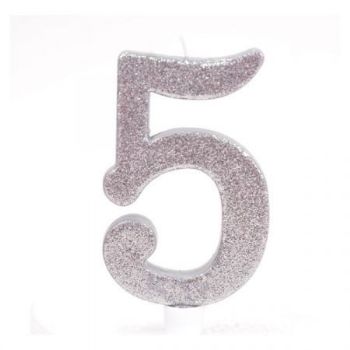 נר יום הולדת ענק כסף מנצנץ מספר 5