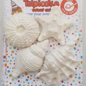 קישוט בצק סוכר - קונכיות לבן מטאלי